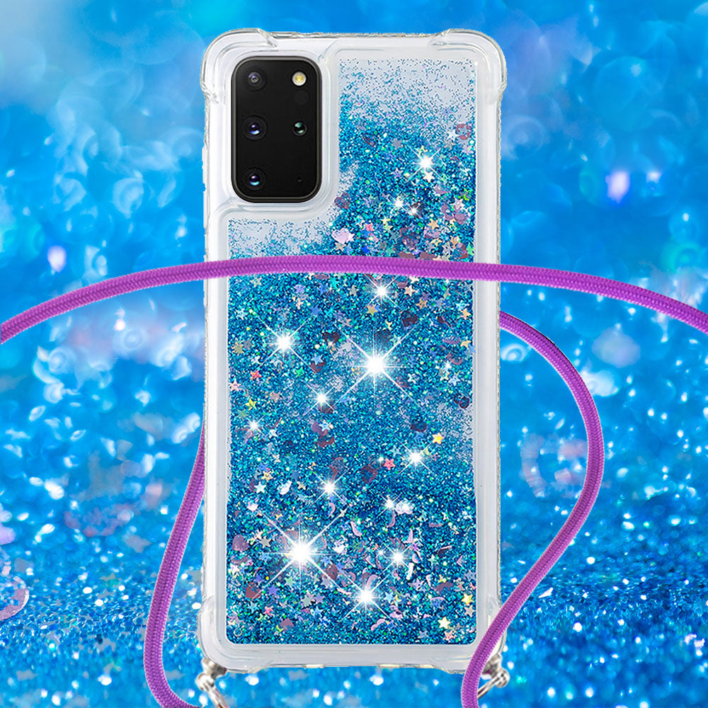 Flowing Glitter Quicksand Flexible TPU Protective Phone Case with Adjustable Lanyard for Samsung Galaxy S20 Plus 4G/5G - Blue Hearts