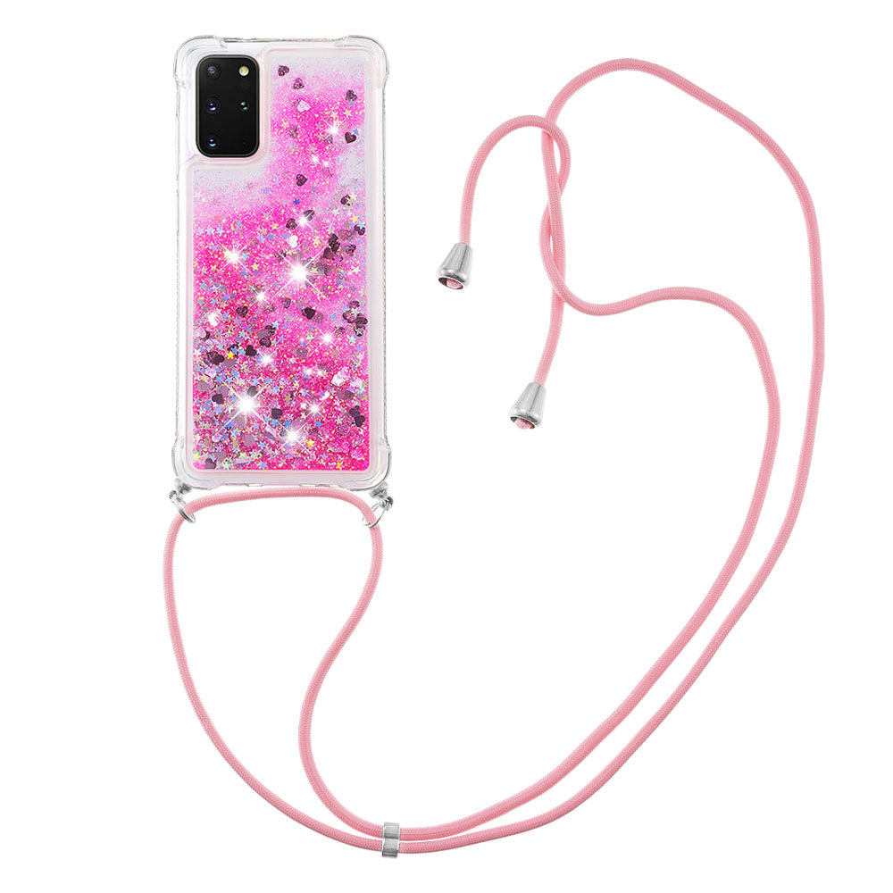 Flowing Glitter Quicksand Flexible TPU Protective Phone Case with Adjustable Lanyard for Samsung Galaxy S20 Plus 4G/5G - Pink Hearts