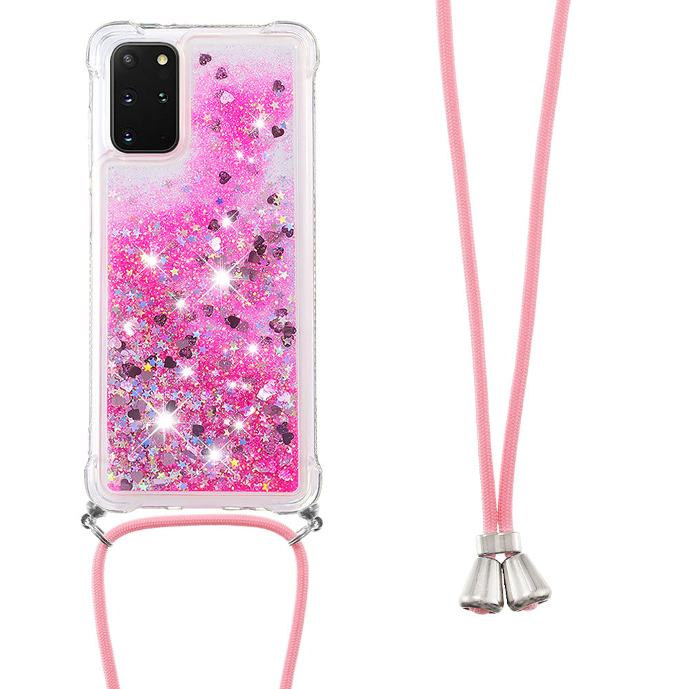 Flowing Glitter Quicksand Flexible TPU Protective Phone Case with Adjustable Lanyard for Samsung Galaxy S20 Plus 4G/5G - Pink Hearts