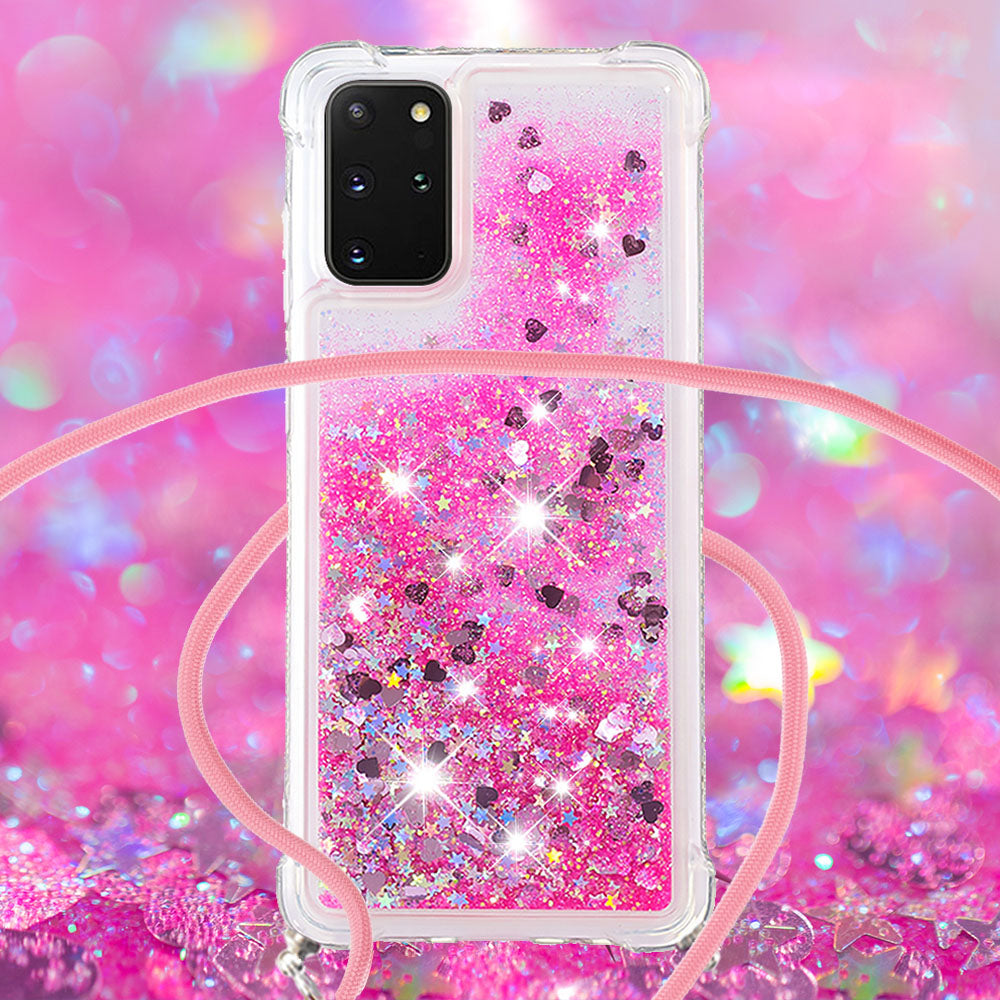 Flowing Glitter Quicksand Flexible TPU Protective Phone Case with Adjustable Lanyard for Samsung Galaxy S20 Plus 4G/5G - Pink Hearts