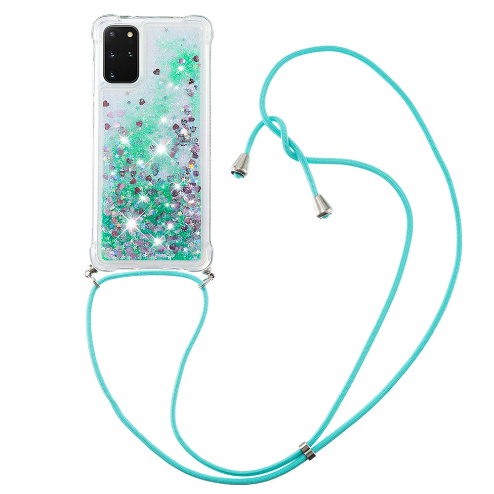 Flowing Glitter Quicksand Flexible TPU Protective Phone Case with Adjustable Lanyard for Samsung Galaxy S20 Plus 4G/5G - Green Hearts