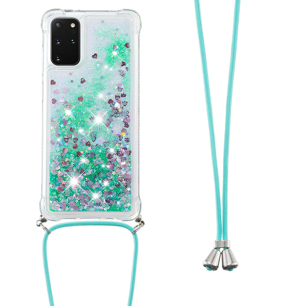 Flowing Glitter Quicksand Flexible TPU Protective Phone Case with Adjustable Lanyard for Samsung Galaxy S20 Plus 4G/5G - Green Hearts