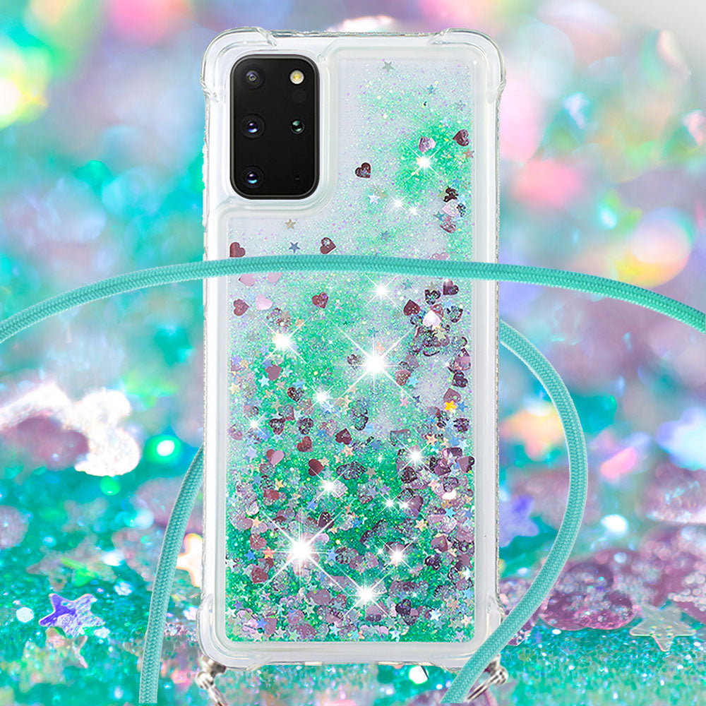 Flowing Glitter Quicksand Flexible TPU Protective Phone Case with Adjustable Lanyard for Samsung Galaxy S20 Plus 4G/5G - Green Hearts