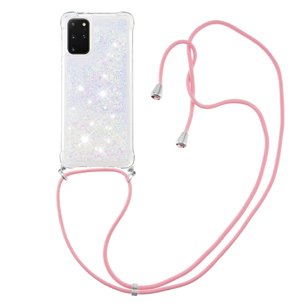 Flowing Glitter Quicksand Flexible TPU Protective Phone Case with Adjustable Lanyard for Samsung Galaxy S20 Plus 4G/5G - Shiny Hearts