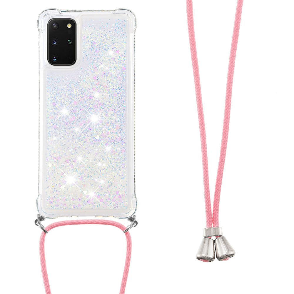 Flowing Glitter Quicksand Flexible TPU Protective Phone Case with Adjustable Lanyard for Samsung Galaxy S20 Plus 4G/5G - Shiny Hearts