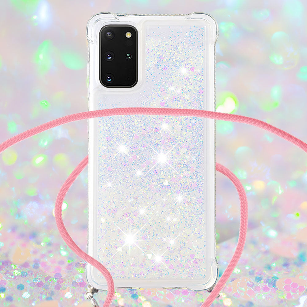 Flowing Glitter Quicksand Flexible TPU Protective Phone Case with Adjustable Lanyard for Samsung Galaxy S20 Plus 4G/5G - Shiny Hearts