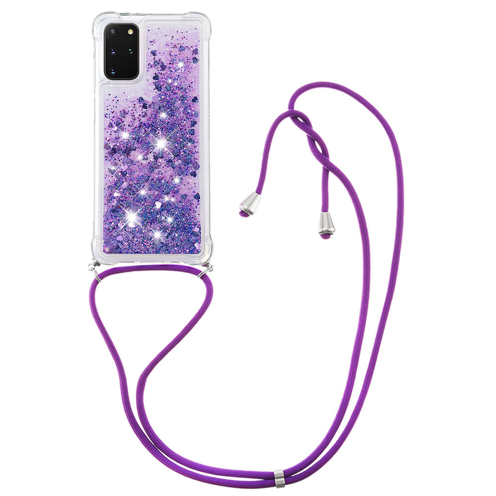 Flowing Glitter Quicksand Flexible TPU Protective Phone Case with Adjustable Lanyard for Samsung Galaxy S20 Plus 4G/5G - Dark Purple Hearts