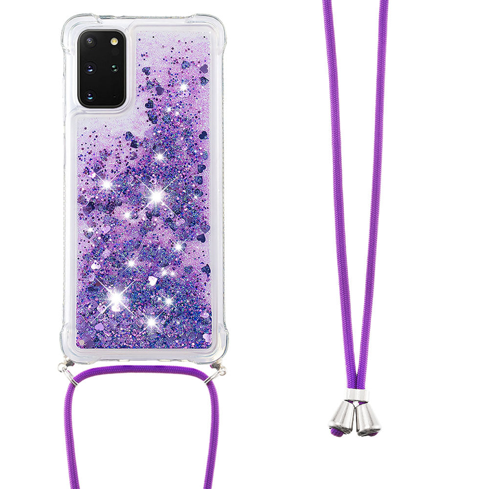 Flowing Glitter Quicksand Flexible TPU Protective Phone Case with Adjustable Lanyard for Samsung Galaxy S20 Plus 4G/5G - Dark Purple Hearts