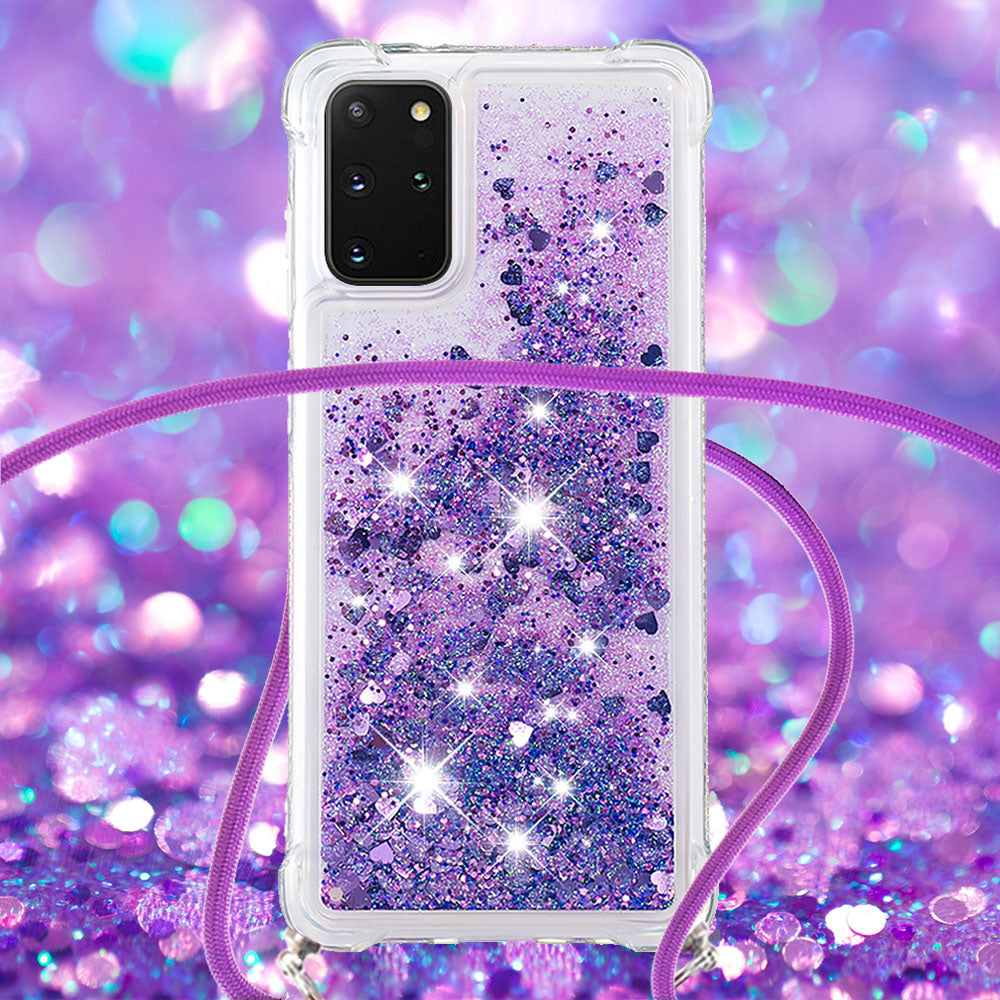 Flowing Glitter Quicksand Flexible TPU Protective Phone Case with Adjustable Lanyard for Samsung Galaxy S20 Plus 4G/5G - Dark Purple Hearts