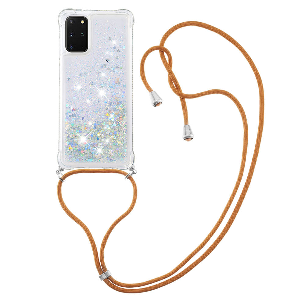 Flowing Glitter Quicksand Flexible TPU Protective Phone Case with Adjustable Lanyard for Samsung Galaxy S20 Plus 4G/5G - Silver Hearts