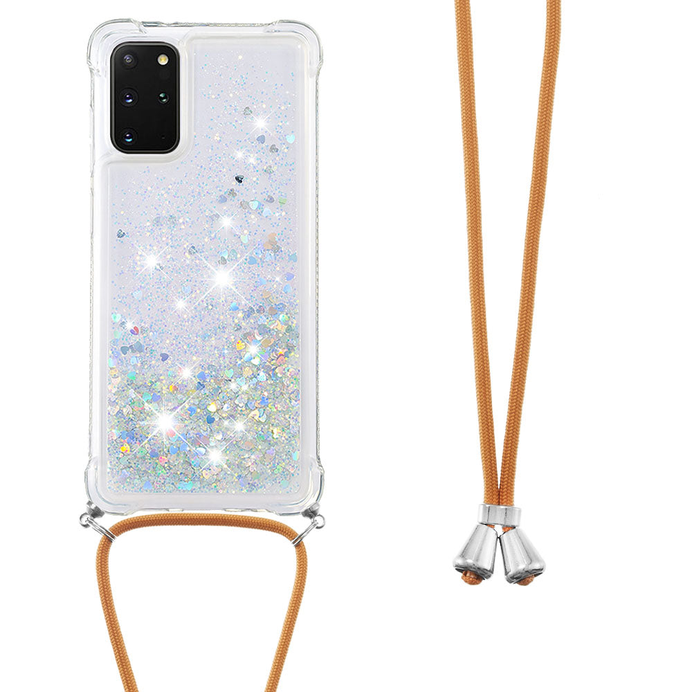 Flowing Glitter Quicksand Flexible TPU Protective Phone Case with Adjustable Lanyard for Samsung Galaxy S20 Plus 4G/5G - Silver Hearts