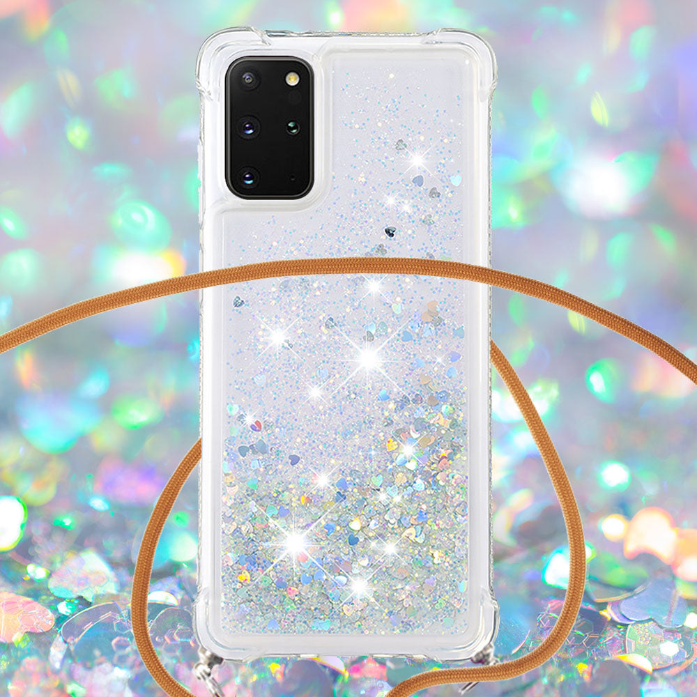 Flowing Glitter Quicksand Flexible TPU Protective Phone Case with Adjustable Lanyard for Samsung Galaxy S20 Plus 4G/5G - Silver Hearts