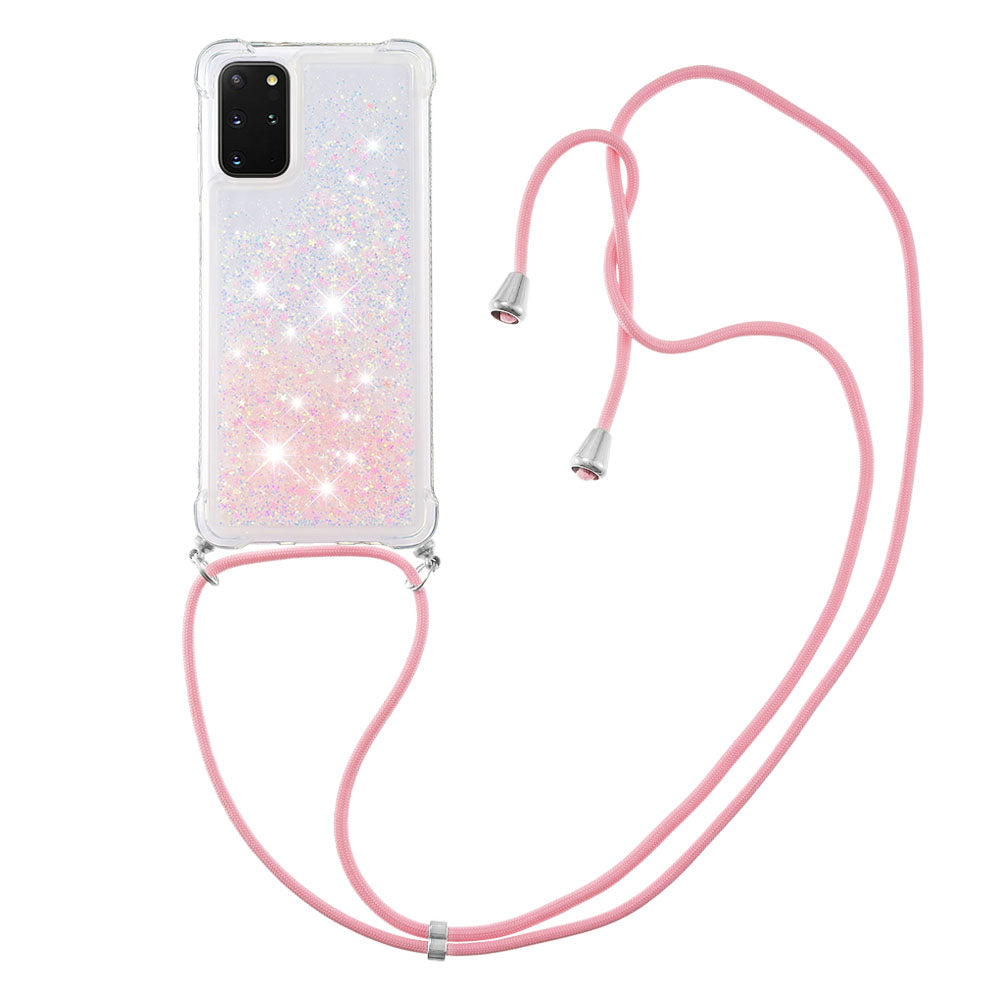 Flowing Glitter Quicksand Flexible TPU Protective Phone Case with Adjustable Lanyard for Samsung Galaxy S20 Plus 4G/5G - Silver Pink Stars