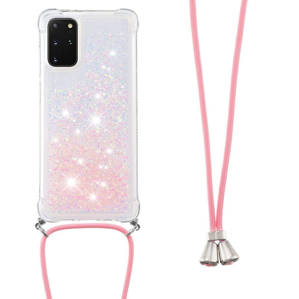 Flowing Glitter Quicksand Flexible TPU Protective Phone Case with Adjustable Lanyard for Samsung Galaxy S20 Plus 4G/5G - Silver Pink Stars