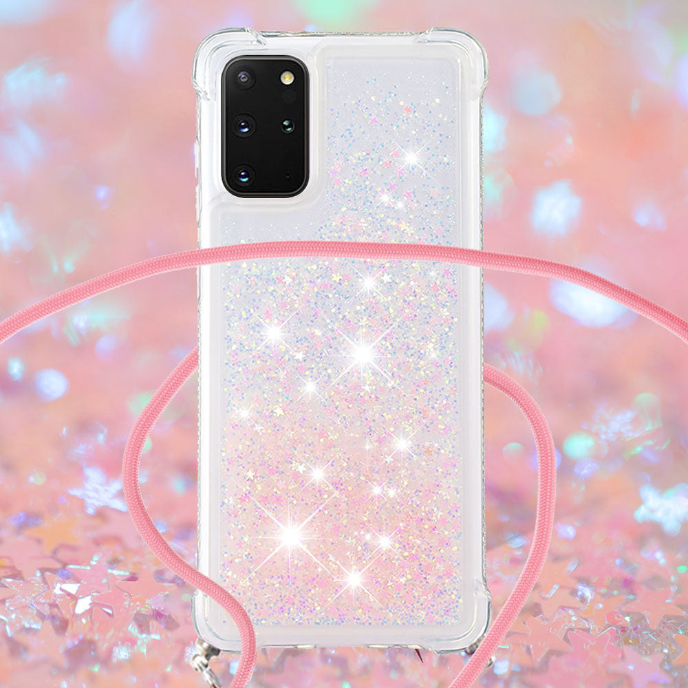 Flowing Glitter Quicksand Flexible TPU Protective Phone Case with Adjustable Lanyard for Samsung Galaxy S20 Plus 4G/5G - Silver Pink Stars