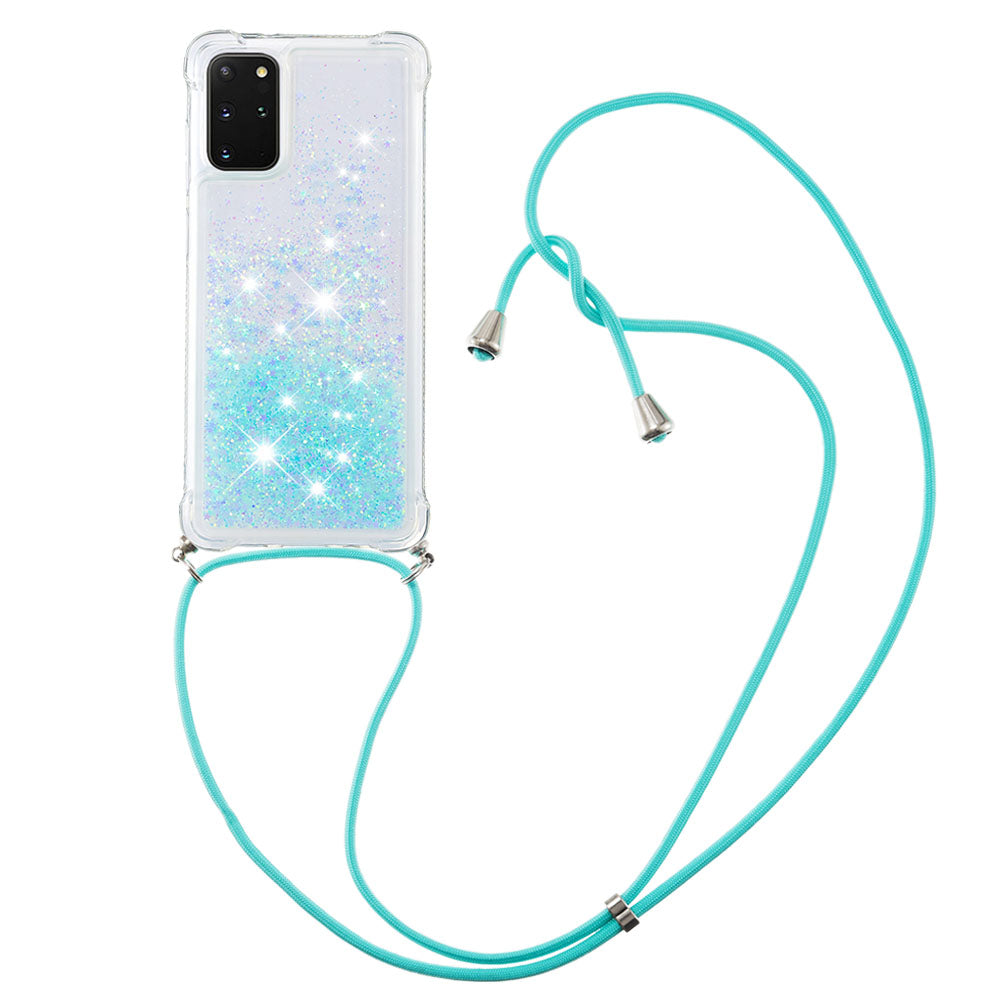 Flowing Glitter Quicksand Flexible TPU Protective Phone Case with Adjustable Lanyard for Samsung Galaxy S20 Plus 4G/5G - Silver Blue Stars