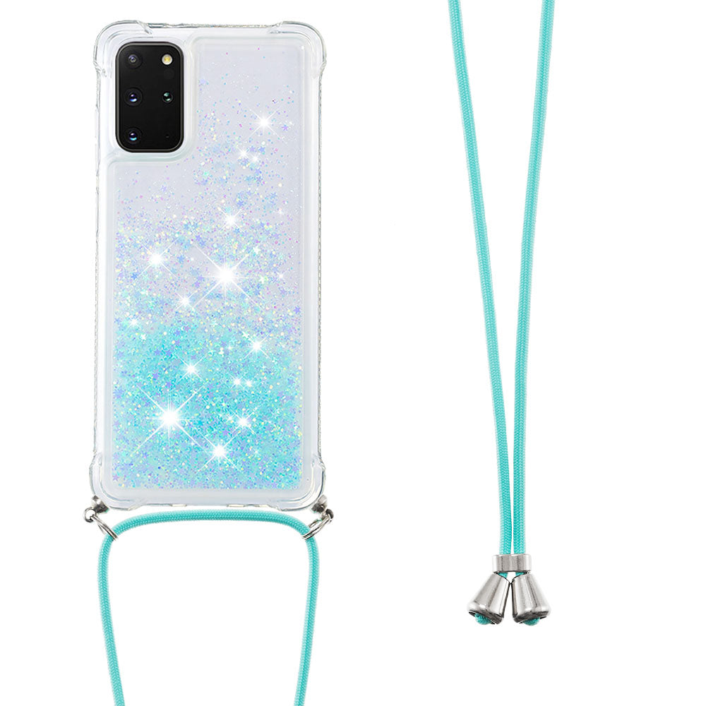 Flowing Glitter Quicksand Flexible TPU Protective Phone Case with Adjustable Lanyard for Samsung Galaxy S20 Plus 4G/5G - Silver Blue Stars