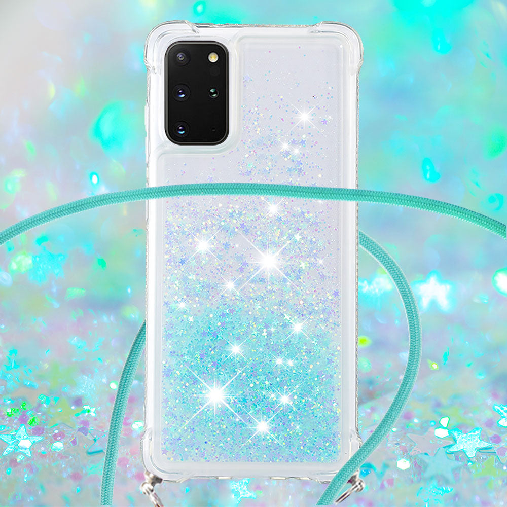 Flowing Glitter Quicksand Flexible TPU Protective Phone Case with Adjustable Lanyard for Samsung Galaxy S20 Plus 4G/5G - Silver Blue Stars