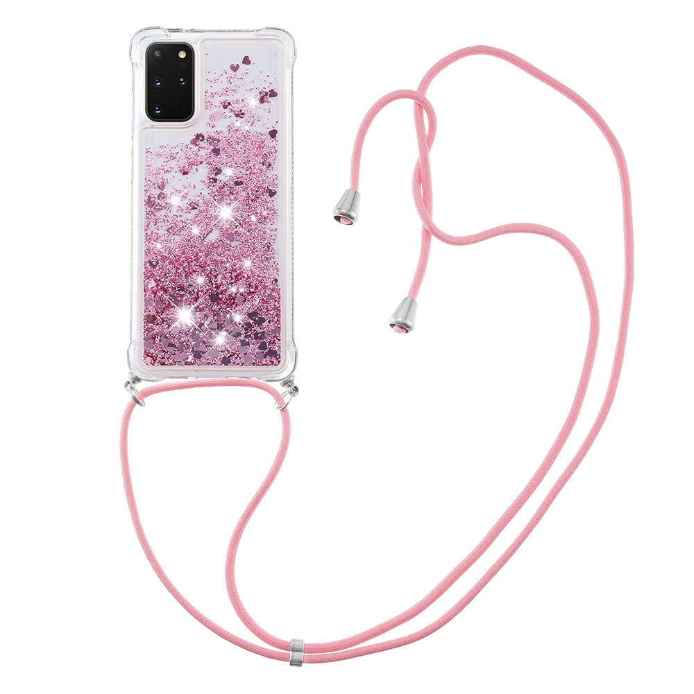 Flowing Glitter Quicksand Flexible TPU Protective Phone Case with Adjustable Lanyard for Samsung Galaxy S20 Plus 4G/5G - Rose Gold Hearts