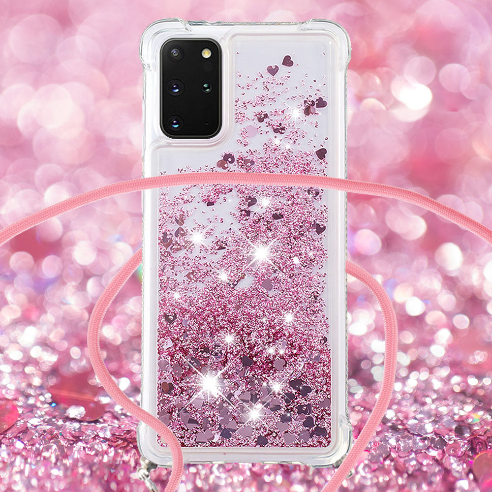 Flowing Glitter Quicksand Flexible TPU Protective Phone Case with Adjustable Lanyard for Samsung Galaxy S20 Plus 4G/5G - Rose Gold Hearts