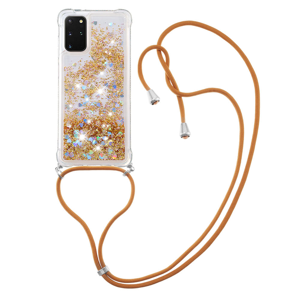 Flowing Glitter Quicksand Flexible TPU Protective Phone Case with Adjustable Lanyard for Samsung Galaxy S20 Plus 4G/5G - Diamond Gold Hearts