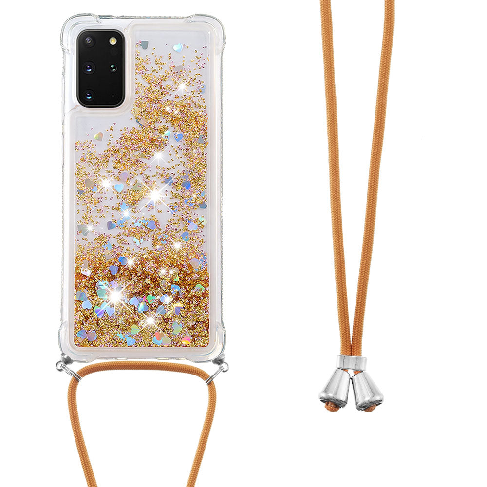 Flowing Glitter Quicksand Flexible TPU Protective Phone Case with Adjustable Lanyard for Samsung Galaxy S20 Plus 4G/5G - Diamond Gold Hearts