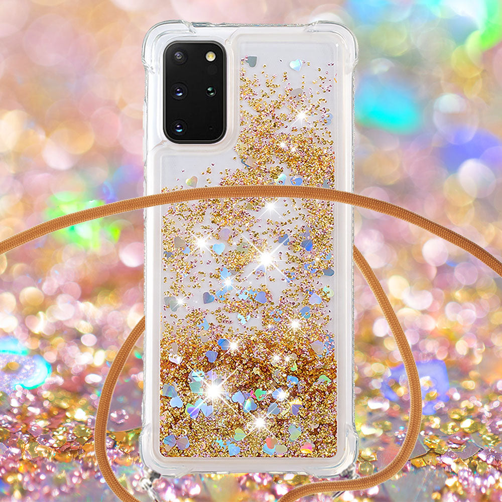 Flowing Glitter Quicksand Flexible TPU Protective Phone Case with Adjustable Lanyard for Samsung Galaxy S20 Plus 4G/5G - Diamond Gold Hearts