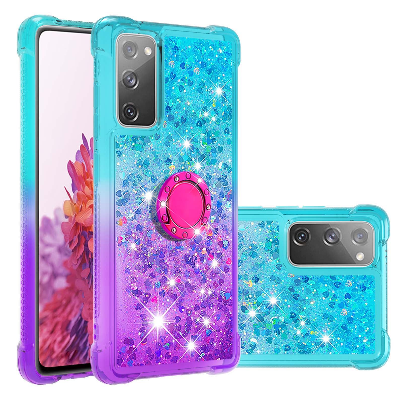 Anti-fall Ring Kickstand Soft TPU Gradient Quicksand Cover Flowing Liquid Design Stylish Phone Case for Samsung Galaxy S20 FE 2022/S20 FE 4G/5G/S20 Fan Edition 4G/5G/S20 Lite - Sky Blue/Purple