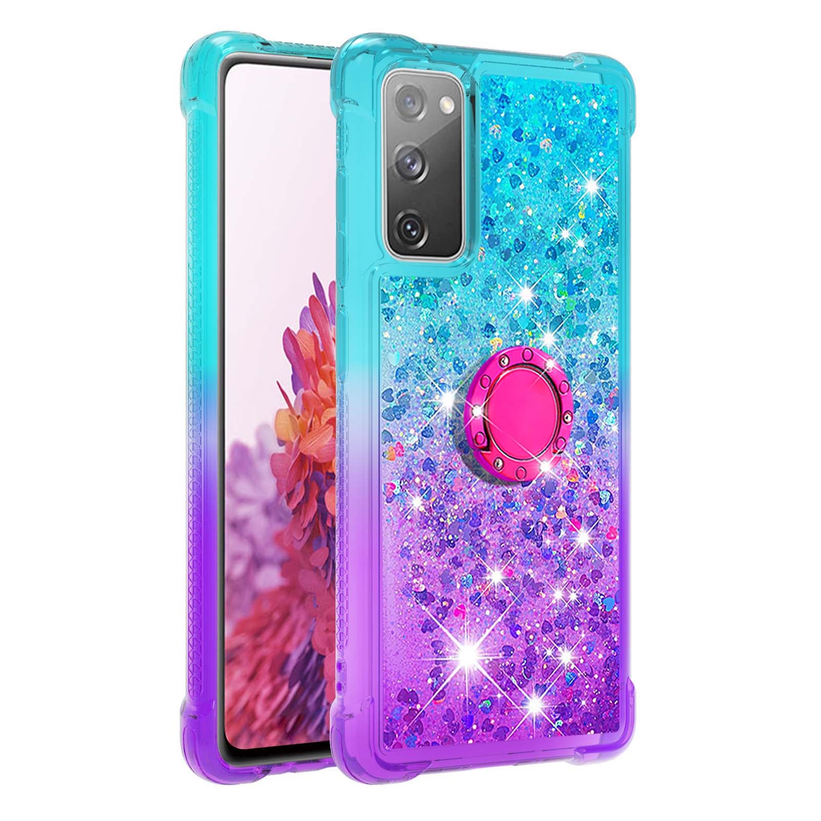 Anti-fall Ring Kickstand Soft TPU Gradient Quicksand Cover Flowing Liquid Design Stylish Phone Case for Samsung Galaxy S20 FE 2022/S20 FE 4G/5G/S20 Fan Edition 4G/5G/S20 Lite - Sky Blue/Purple