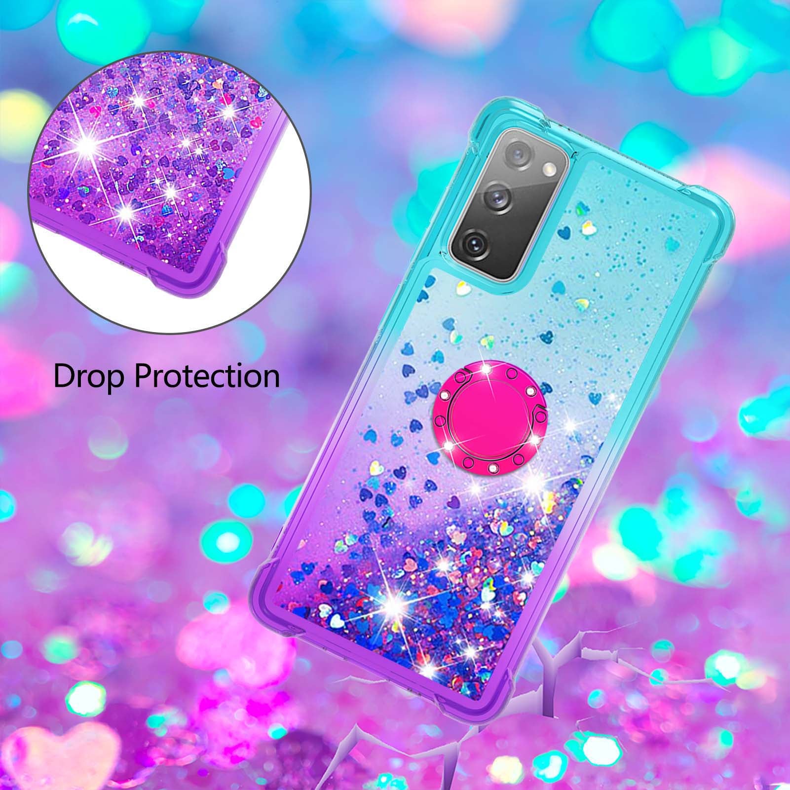 Anti-fall Ring Kickstand Soft TPU Gradient Quicksand Cover Flowing Liquid Design Stylish Phone Case for Samsung Galaxy S20 FE 2022/S20 FE 4G/5G/S20 Fan Edition 4G/5G/S20 Lite - Sky Blue/Purple