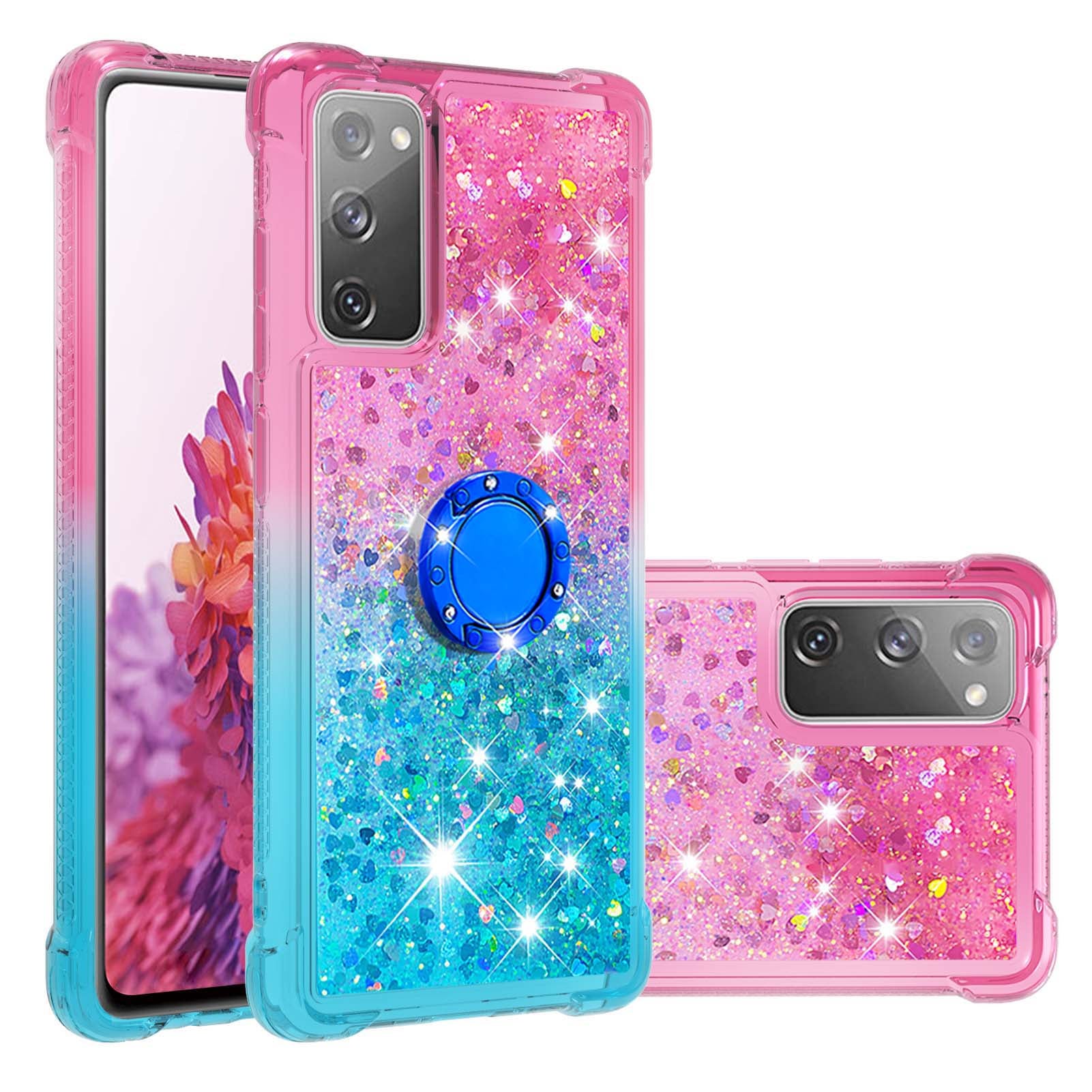 Anti-fall Ring Kickstand Soft TPU Gradient Quicksand Cover Flowing Liquid Design Stylish Phone Case for Samsung Galaxy S20 FE 2022/S20 FE 4G/5G/S20 Fan Edition 4G/5G/S20 Lite - Pink/Sky Blue