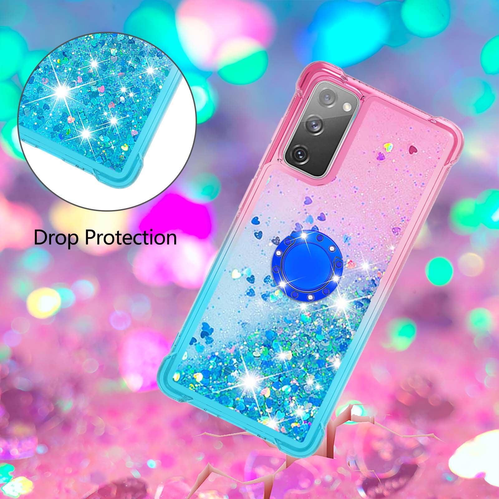 Anti-fall Ring Kickstand Soft TPU Gradient Quicksand Cover Flowing Liquid Design Stylish Phone Case for Samsung Galaxy S20 FE 2022/S20 FE 4G/5G/S20 Fan Edition 4G/5G/S20 Lite - Pink/Sky Blue