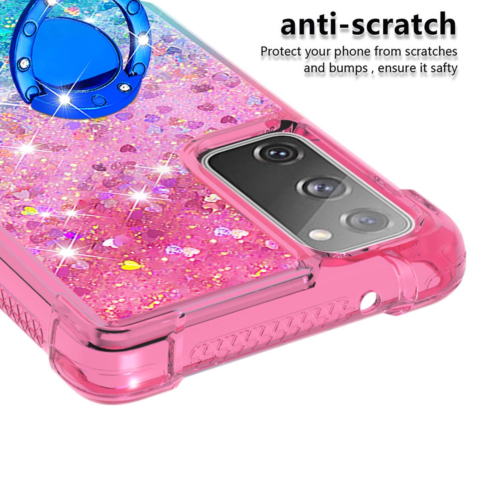 Anti-fall Ring Kickstand Soft TPU Gradient Quicksand Cover Flowing Liquid Design Stylish Phone Case for Samsung Galaxy S20 FE 2022/S20 FE 4G/5G/S20 Fan Edition 4G/5G/S20 Lite - Pink/Sky Blue