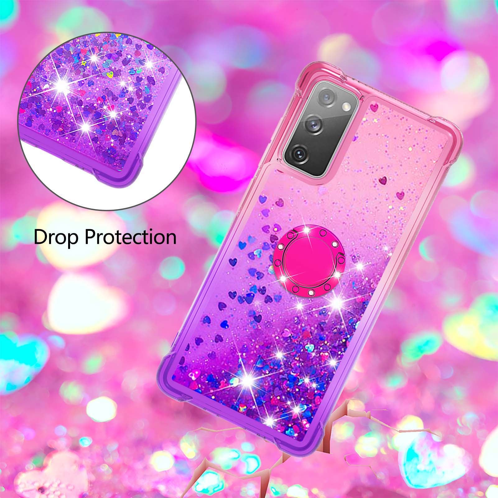 Anti-fall Ring Kickstand Soft TPU Gradient Quicksand Cover Flowing Liquid Design Stylish Phone Case for Samsung Galaxy S20 FE 2022/S20 FE 4G/5G/S20 Fan Edition 4G/5G/S20 Lite - Pink/Purple