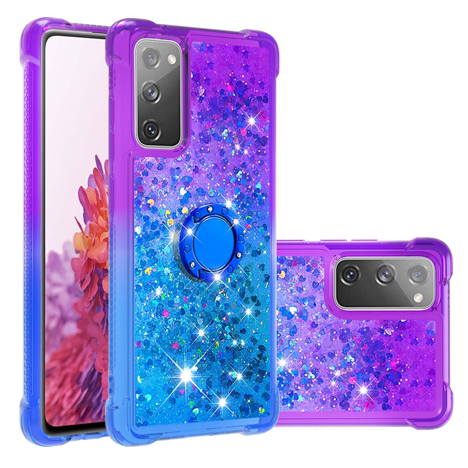 Anti-fall Ring Kickstand Soft TPU Gradient Quicksand Cover Flowing Liquid Design Stylish Phone Case for Samsung Galaxy S20 FE 2022/S20 FE 4G/5G/S20 Fan Edition 4G/5G/S20 Lite - Purple/Blue