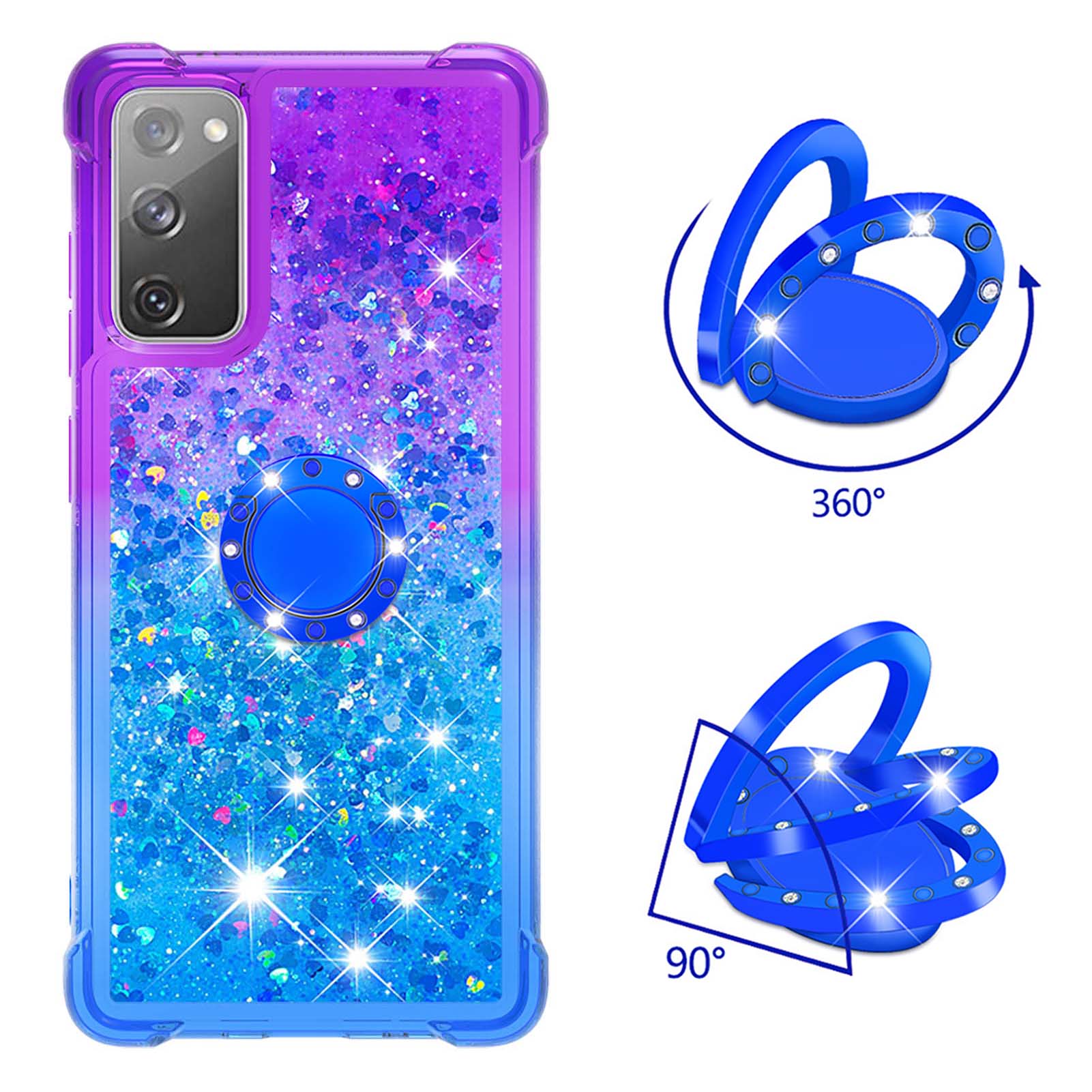 Anti-fall Ring Kickstand Soft TPU Gradient Quicksand Cover Flowing Liquid Design Stylish Phone Case for Samsung Galaxy S20 FE 2022/S20 FE 4G/5G/S20 Fan Edition 4G/5G/S20 Lite - Purple/Blue