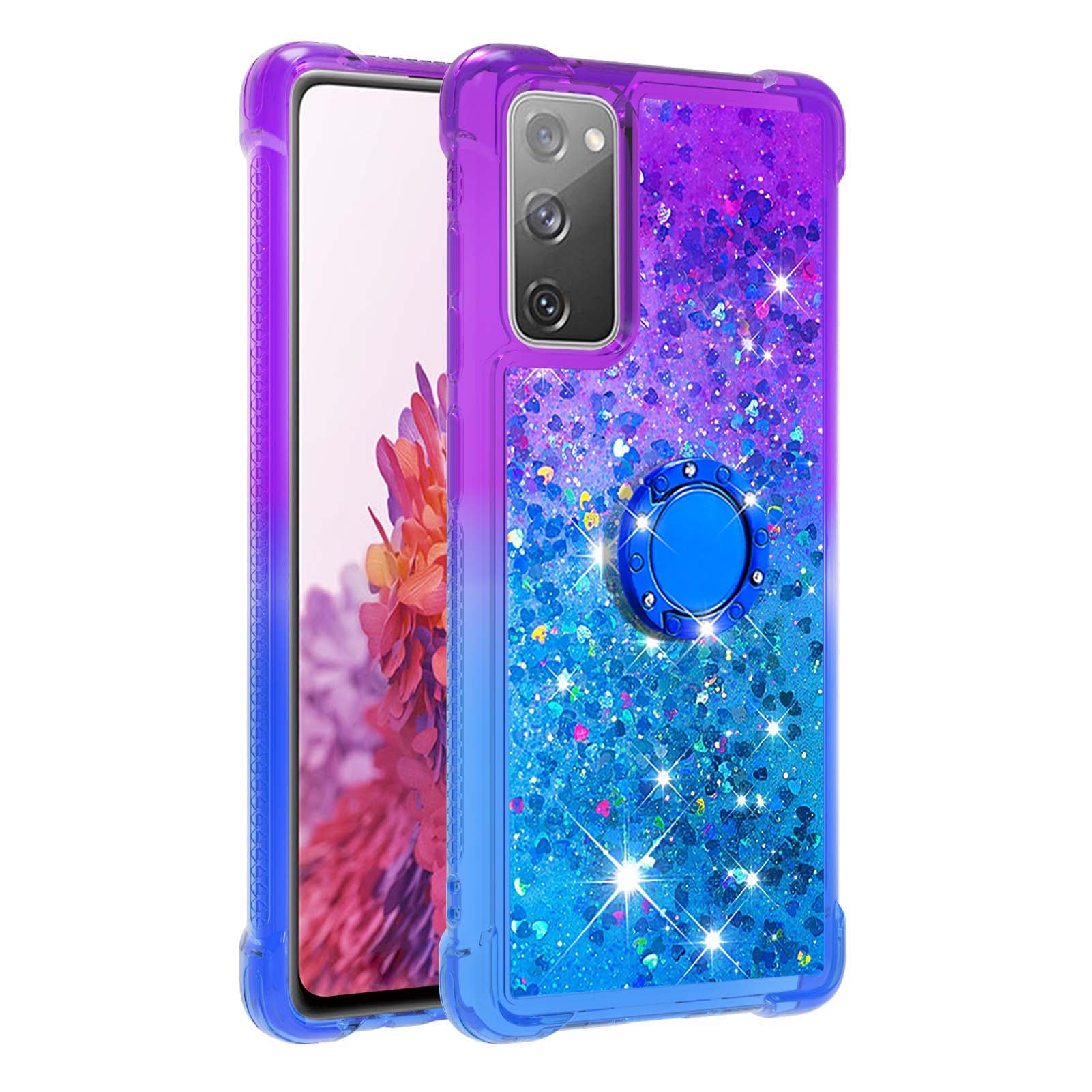 Anti-fall Ring Kickstand Soft TPU Gradient Quicksand Cover Flowing Liquid Design Stylish Phone Case for Samsung Galaxy S20 FE 2022/S20 FE 4G/5G/S20 Fan Edition 4G/5G/S20 Lite - Purple/Blue