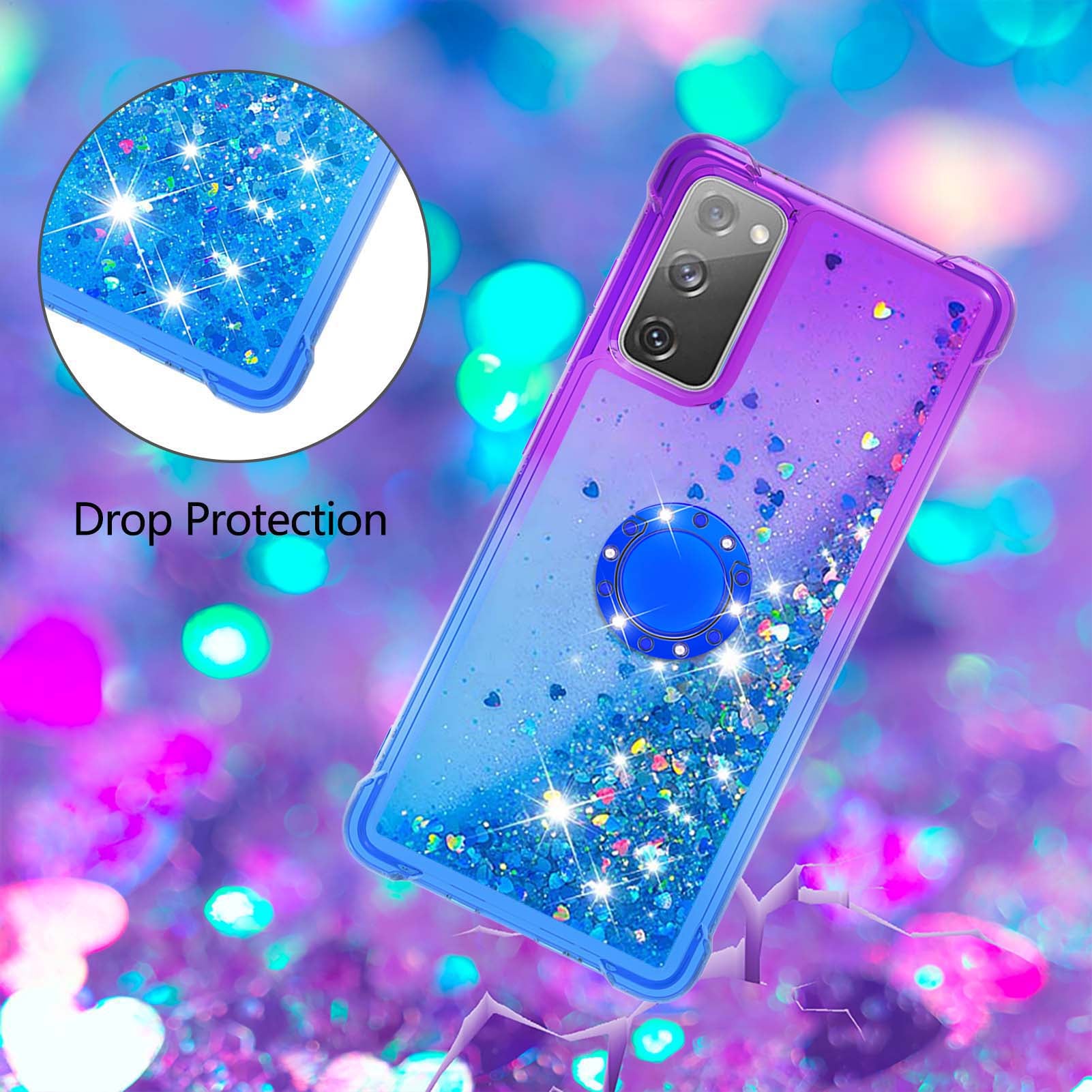 Anti-fall Ring Kickstand Soft TPU Gradient Quicksand Cover Flowing Liquid Design Stylish Phone Case for Samsung Galaxy S20 FE 2022/S20 FE 4G/5G/S20 Fan Edition 4G/5G/S20 Lite - Purple/Blue