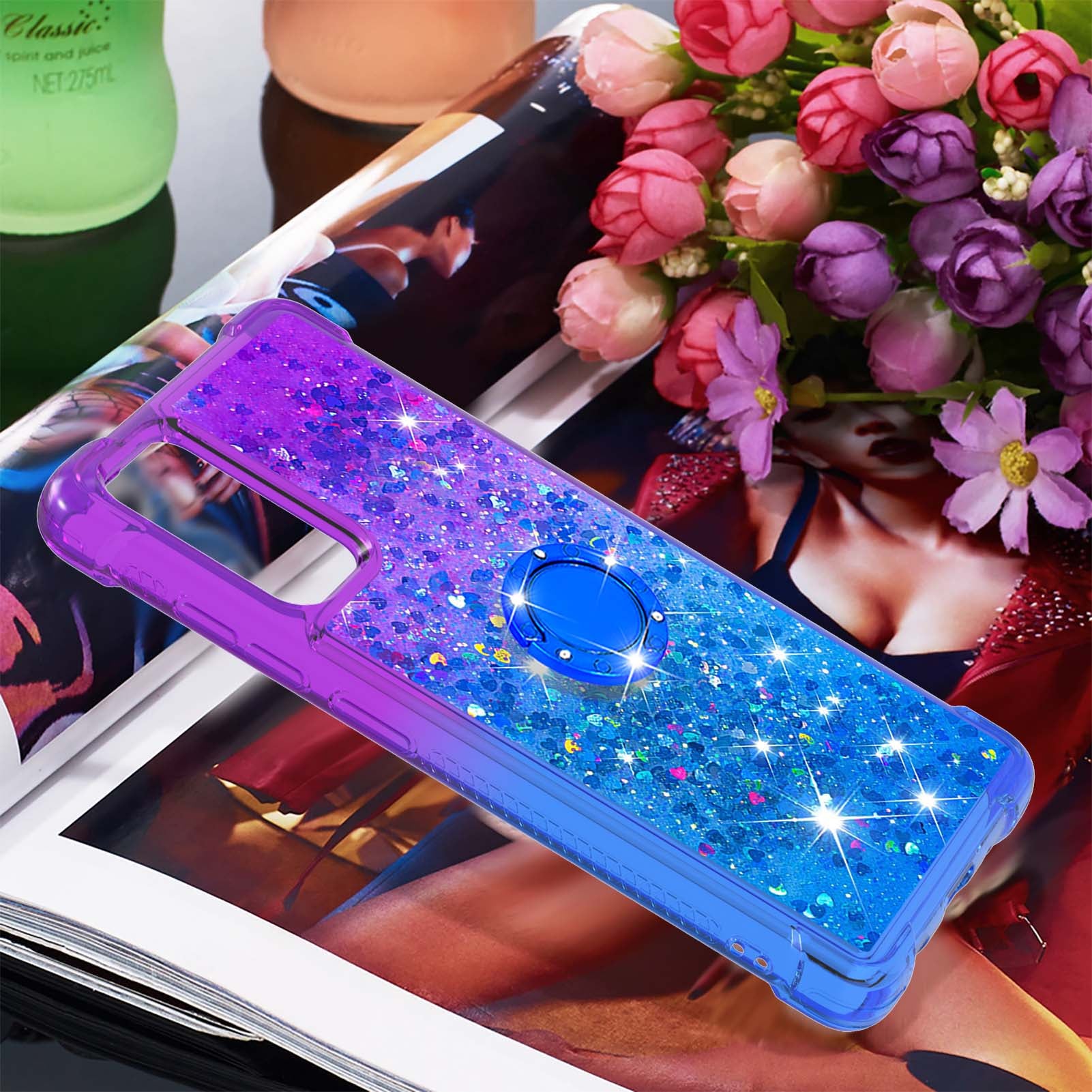 Anti-fall Ring Kickstand Soft TPU Gradient Quicksand Cover Flowing Liquid Design Stylish Phone Case for Samsung Galaxy S20 FE 2022/S20 FE 4G/5G/S20 Fan Edition 4G/5G/S20 Lite - Purple/Blue