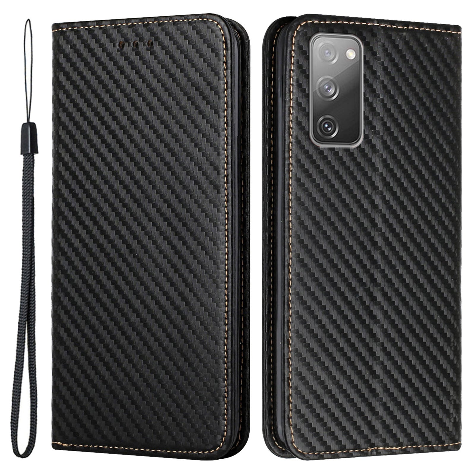 Wallet Design Carbon Fiber Texture Stand Auto-absorbed Leather Case Cover with Hand Strap for Samsung Galaxy S20 FE 2022/S20 FE 4G/5G/S20 Lite - Black