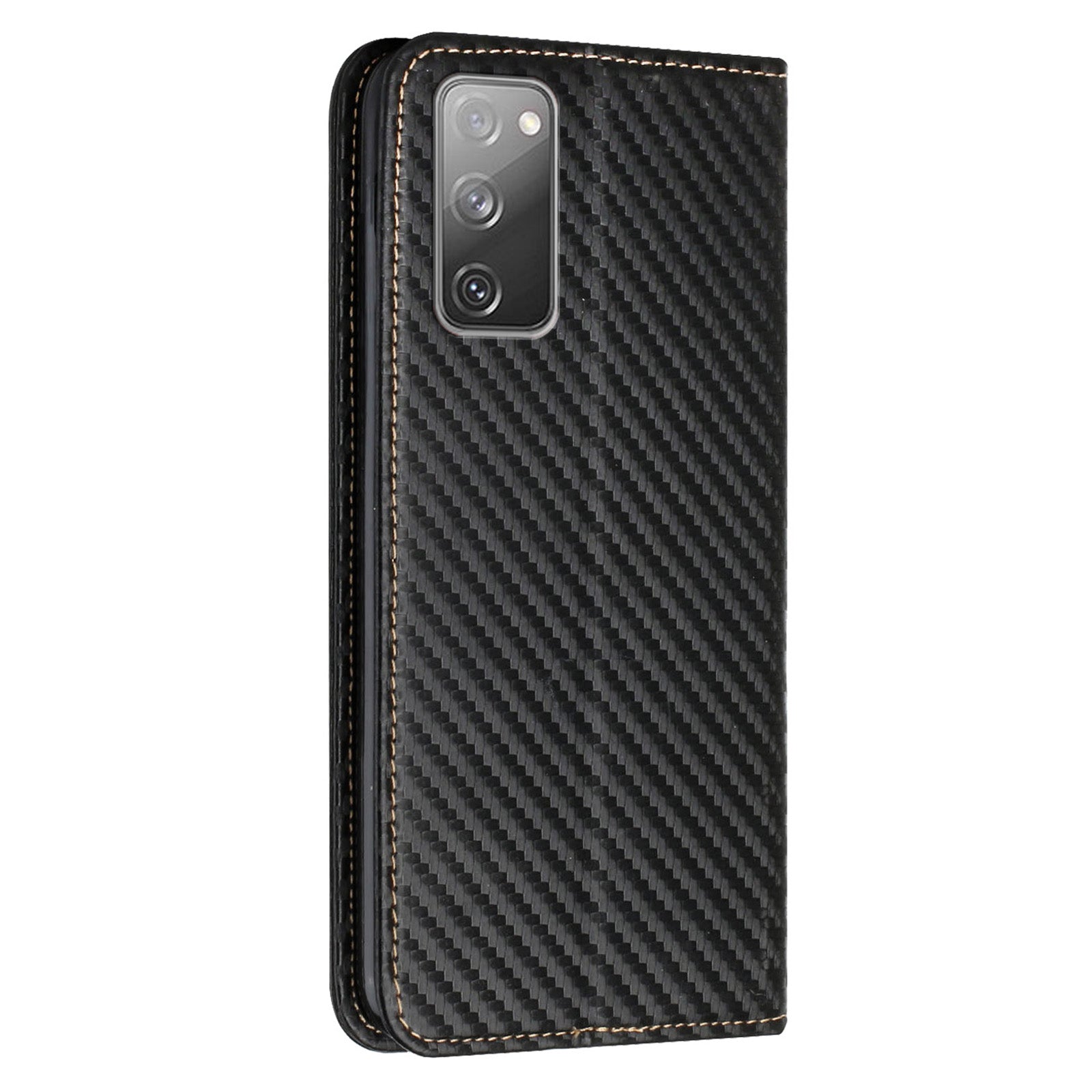 Wallet Design Carbon Fiber Texture Stand Auto-absorbed Leather Case Cover with Hand Strap for Samsung Galaxy S20 FE 2022/S20 FE 4G/5G/S20 Lite - Black