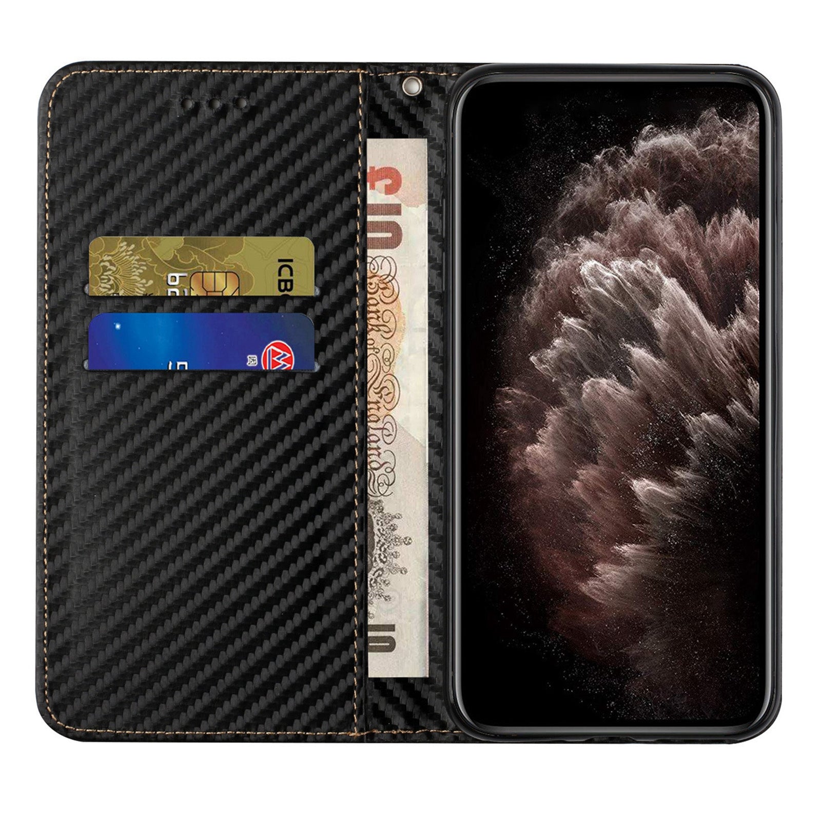 Wallet Design Carbon Fiber Texture Stand Auto-absorbed Leather Case Cover with Hand Strap for Samsung Galaxy S20 FE 2022/S20 FE 4G/5G/S20 Lite - Black