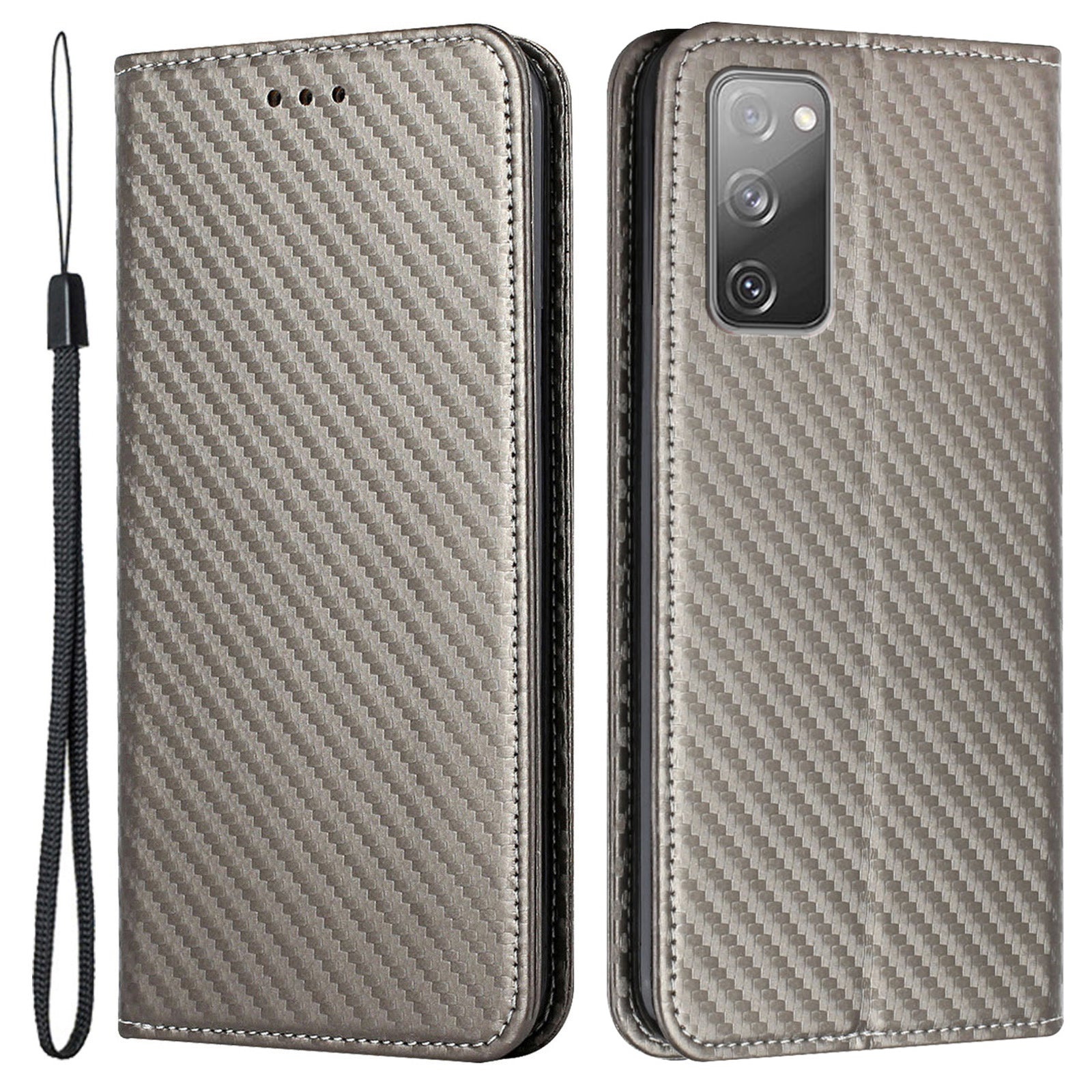 Wallet Design Carbon Fiber Texture Stand Auto-absorbed Leather Case Cover with Hand Strap for Samsung Galaxy S20 FE 2022/S20 FE 4G/5G/S20 Lite - Grey