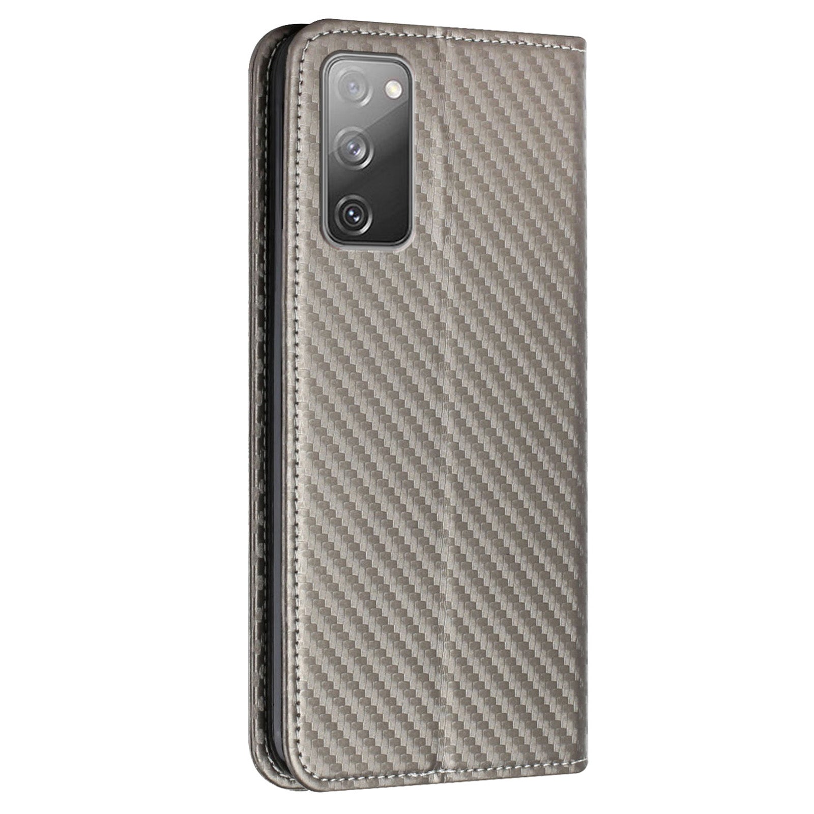 Wallet Design Carbon Fiber Texture Stand Auto-absorbed Leather Case Cover with Hand Strap for Samsung Galaxy S20 FE 2022/S20 FE 4G/5G/S20 Lite - Grey