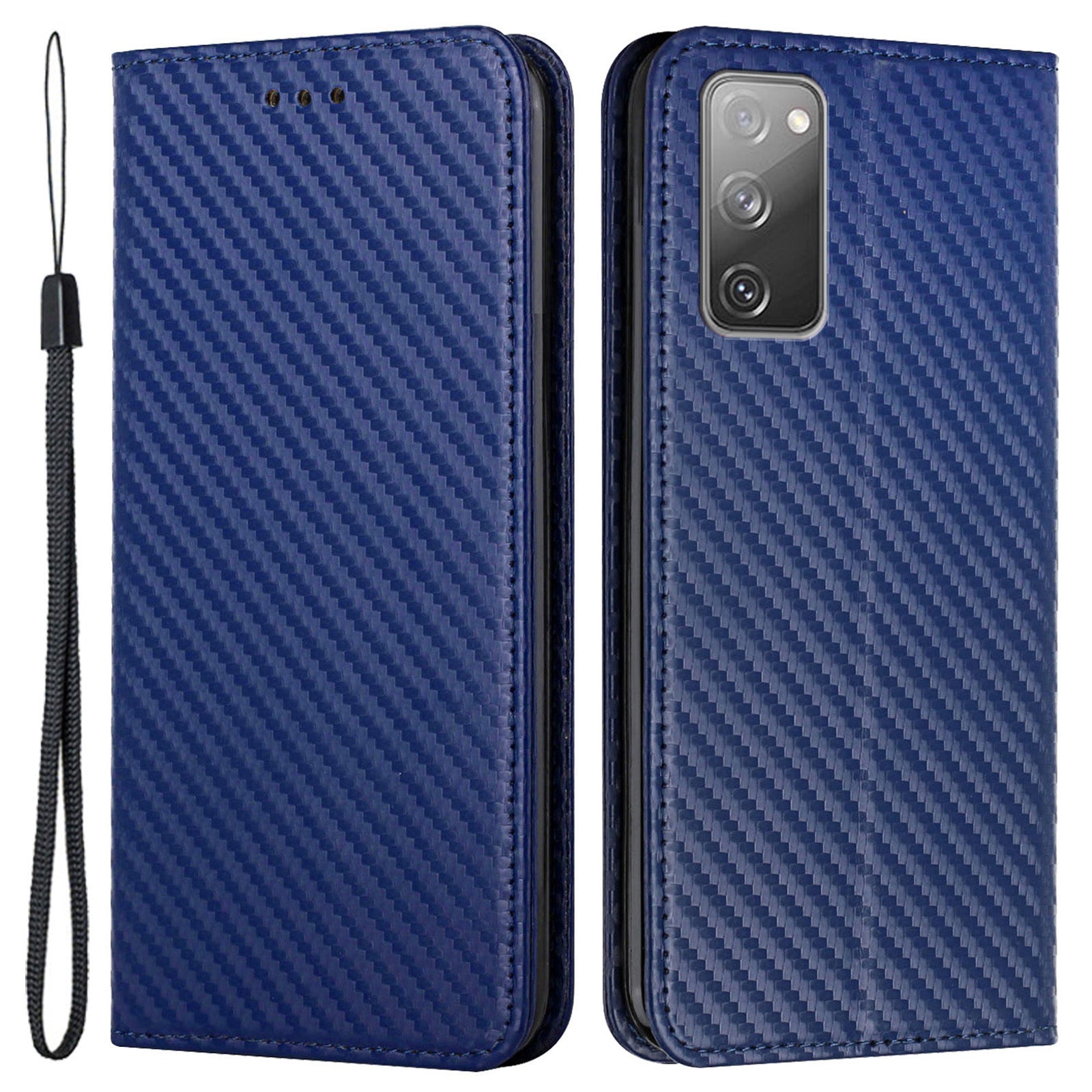 Wallet Design Carbon Fiber Texture Stand Auto-absorbed Leather Case Cover with Hand Strap for Samsung Galaxy S20 FE 2022/S20 FE 4G/5G/S20 Lite - Blue