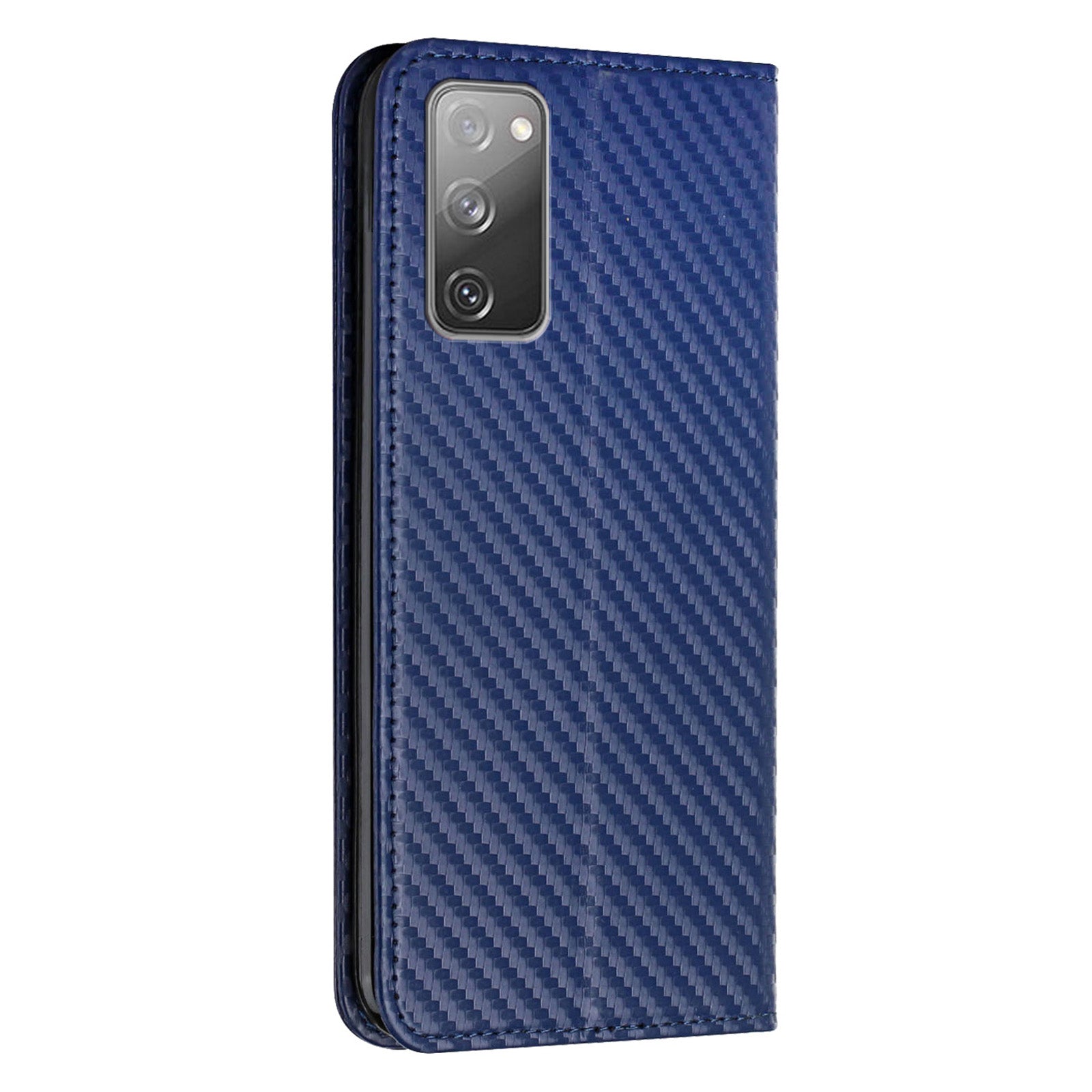 Wallet Design Carbon Fiber Texture Stand Auto-absorbed Leather Case Cover with Hand Strap for Samsung Galaxy S20 FE 2022/S20 FE 4G/5G/S20 Lite - Blue