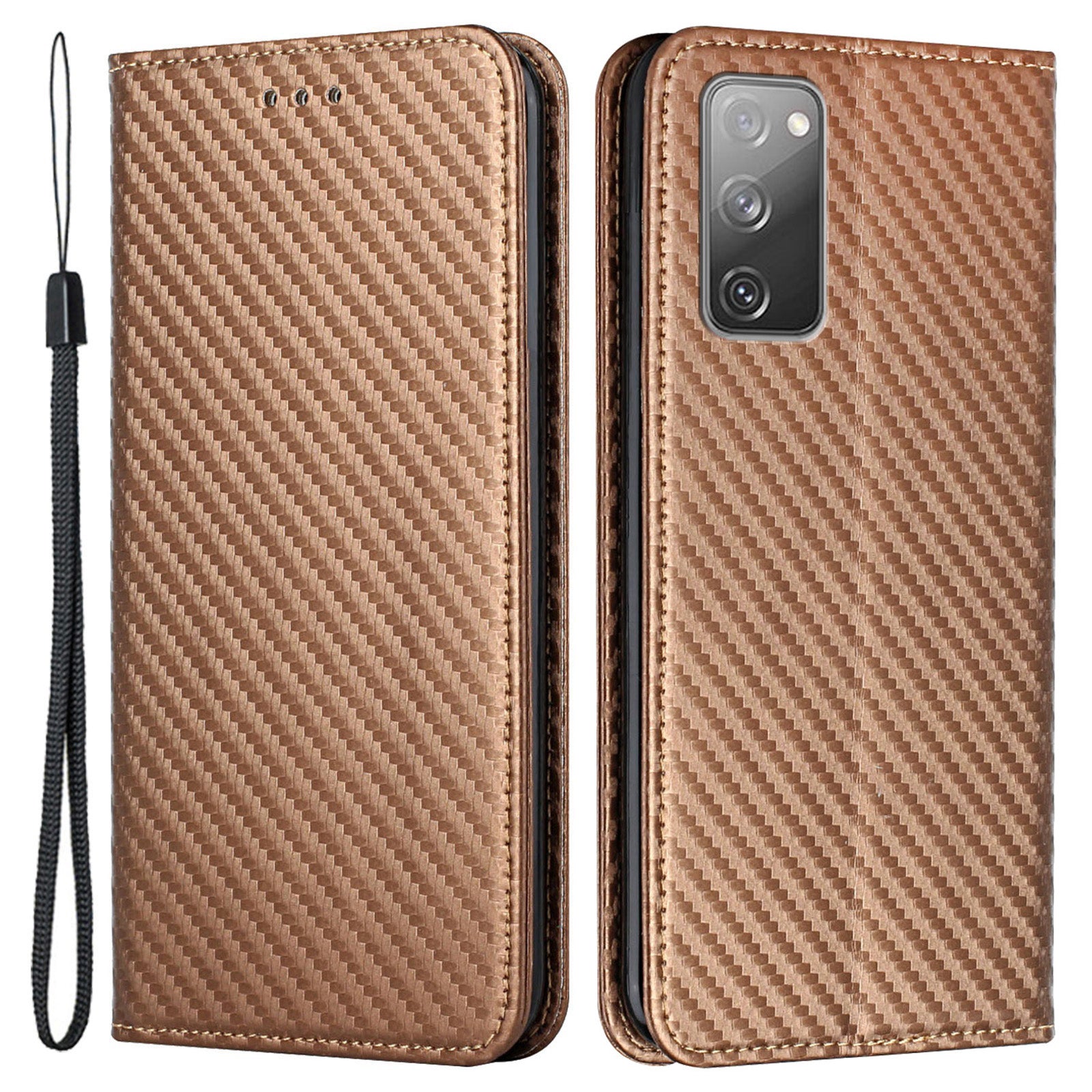 Wallet Design Carbon Fiber Texture Stand Auto-absorbed Leather Case Cover with Hand Strap for Samsung Galaxy S20 FE 2022/S20 FE 4G/5G/S20 Lite - Brown