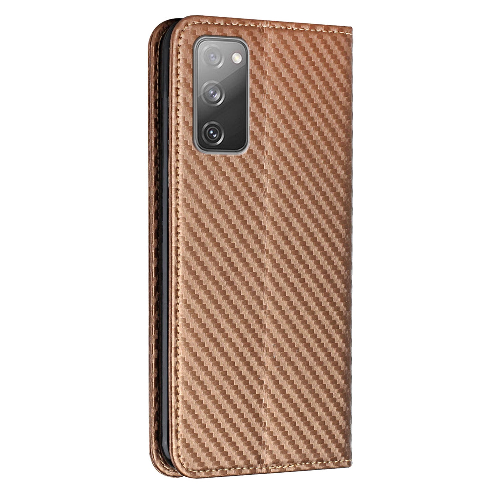 Wallet Design Carbon Fiber Texture Stand Auto-absorbed Leather Case Cover with Hand Strap for Samsung Galaxy S20 FE 2022/S20 FE 4G/5G/S20 Lite - Brown