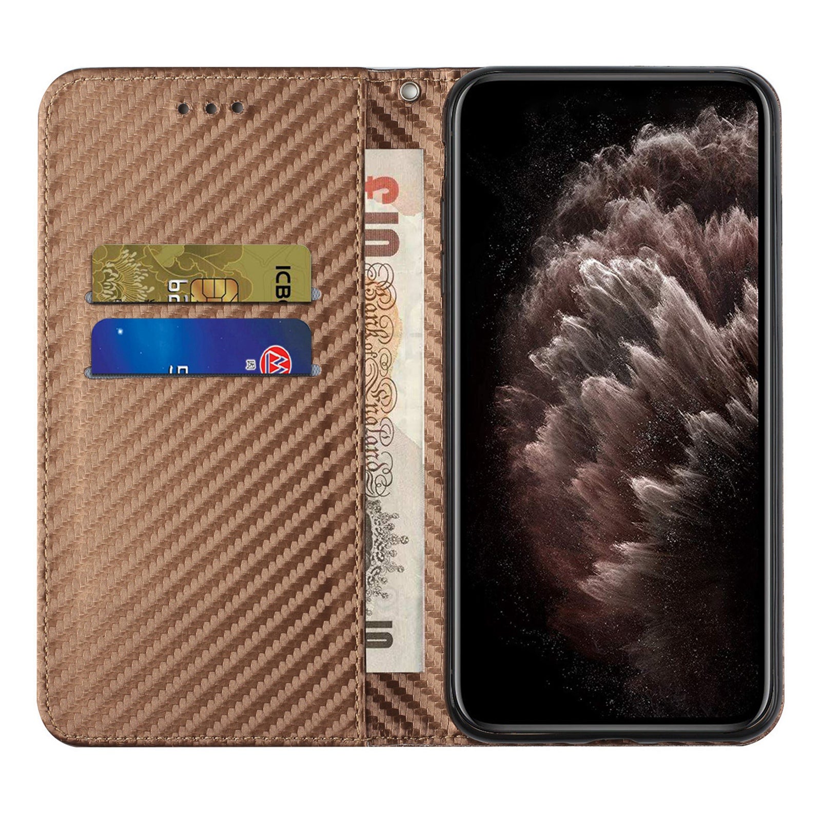 Wallet Design Carbon Fiber Texture Stand Auto-absorbed Leather Case Cover with Hand Strap for Samsung Galaxy S20 FE 2022/S20 FE 4G/5G/S20 Lite - Brown