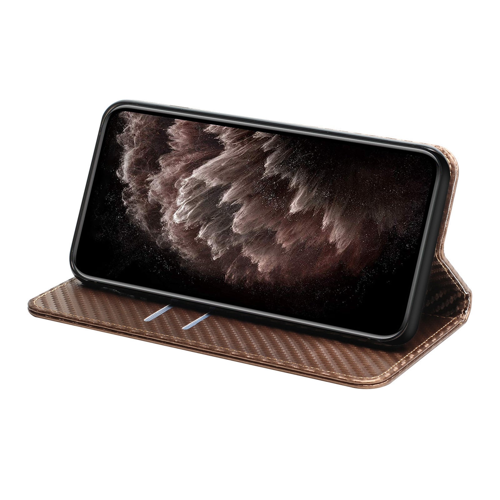 Wallet Design Carbon Fiber Texture Stand Auto-absorbed Leather Case Cover with Hand Strap for Samsung Galaxy S20 FE 2022/S20 FE 4G/5G/S20 Lite - Brown